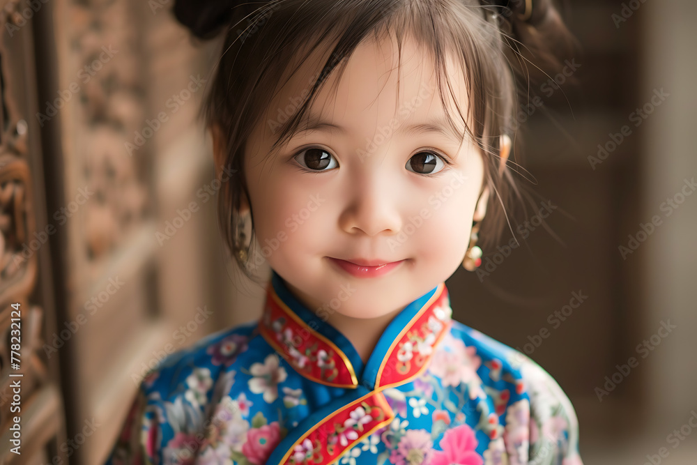 Adorable little Chinese child poses with a captivating smile, exuding innocence and cultural charm Adorable little Chinese child poses with a captivating smile, exuding innocence and cultural charm