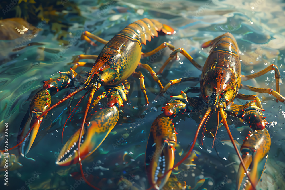 Freshly caught sea lobsters , showcasing succulent seafood delicacies in a market setting Freshly caught sea lobsters , showcasing succulent seafood delicacies in a market setting