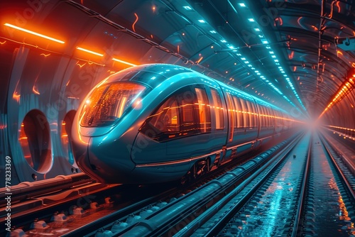 A futuristic hyperloop capsule speeding through a vacuum tube at incredible speeds