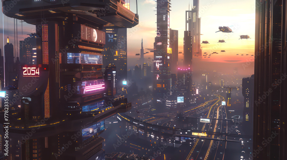 Futuristic smart city with towering buildings, smart transportation and drones, flying car, autonomous driving, high green coverage, multifunctional public spaces, intelligent facilities concept.