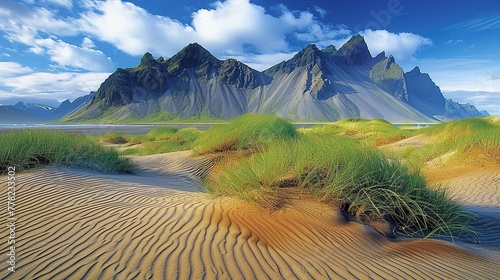 Sand dunes on the Stokksnes on southeastern Icelandic coast  photo