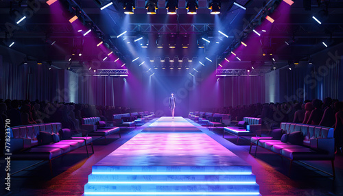 Fashion Runway Extravaganza: A glamorous runway set with runway lights, VIP seating, and high-fashion showcases for fashion events