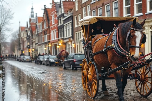 A horse-drawn carriage transporting tourists along cobblestone streets lined with charming, centuries-old buildings, the clopping of horse hooves creating a rhythmic soundtrack