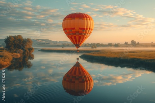 A hot air balloon drifting gracefully above a serene lake, reflected in the water photo