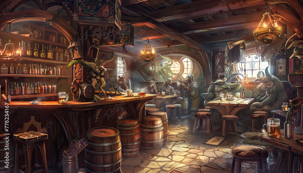 Fantasy Tavern Inn: A fantasy tavern set with medieval decor, ale barrels, and mythical creatures for fantasy role-playing shows