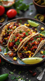 A plate of colorful vegetable tacos filled with black beans, corn, and salsa