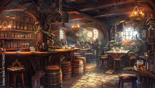 Fantasy Tavern Inn: A fantasy tavern set with medieval decor, ale barrels, and mythical creatures for fantasy role-playing shows photo