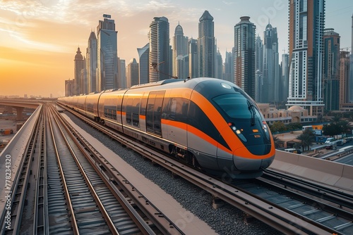 A luxurious high-speed train gliding silently on elevated tracks through a modern metropolis photo