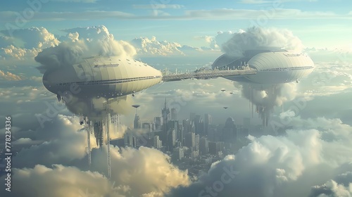 Floating city above the clouds high-tech zeppelins aerial parks sky bridges