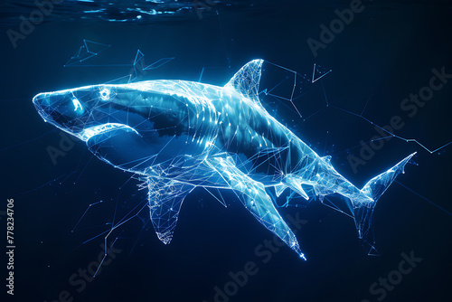 wireframe shark against radiant translucent backdrop, perfect for futuristic designs and underwater concepts. © River Girl