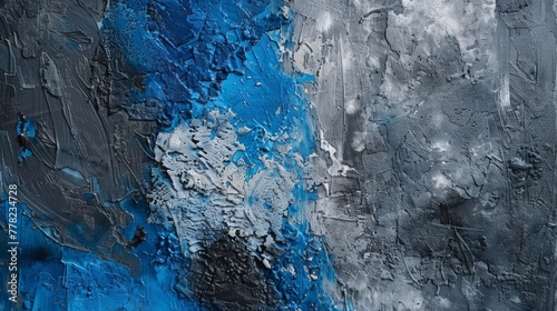 Blue abstract acrylic painting on canvas texture. Fragment of artwork. Modern art