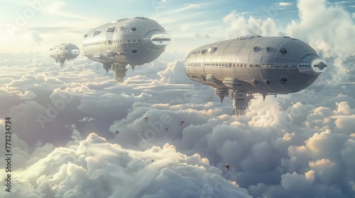 Floating city above the clouds high-tech zeppelins aerial parks sky bridges