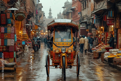 A rickshaw driver pedaling tourists