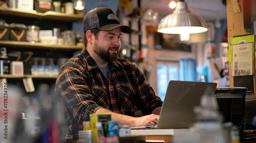 Bearded man in a cap works on a laptop in a cozy retail environment, focused on his business tasks Bearded man in a cap works on a laptop in a cozy retail environment, focused on his business tasks