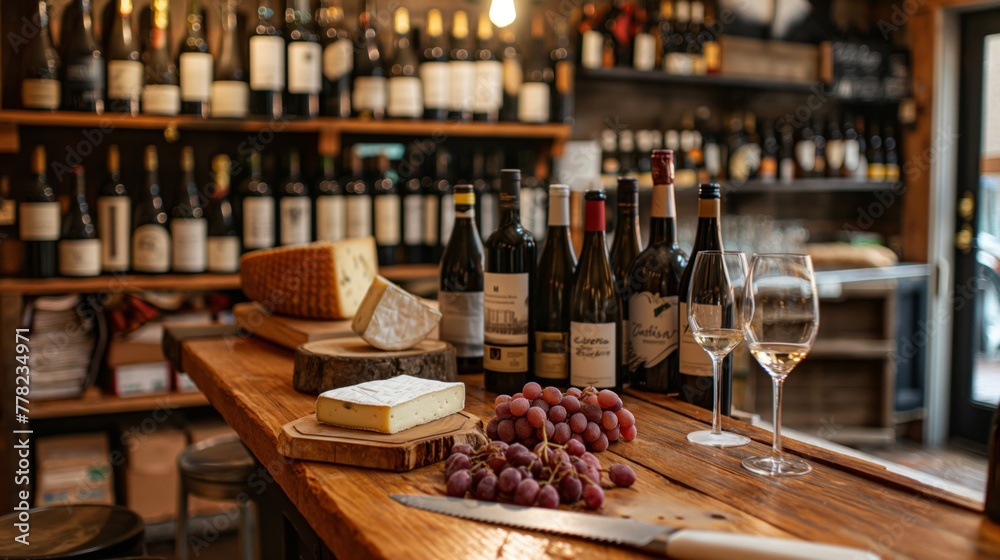 Cozy interior of a specialty shop with selection of wines and gourmet cheeses set for tasting