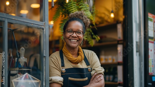 Smiling entrepreneur in an apron stands at her shop's entrance, radiating a warm welcome photo