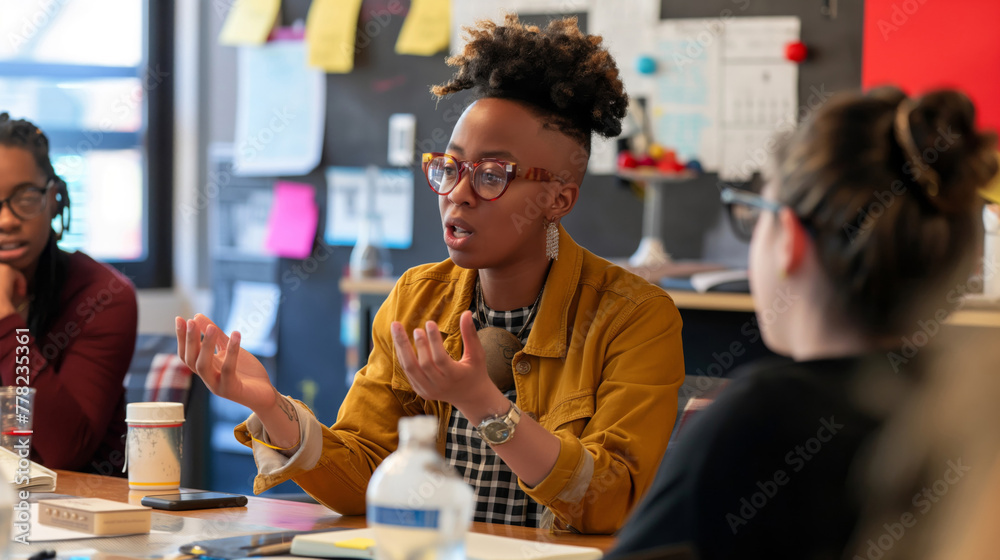 A non-binary team leader conducting a discussion in a modern office setting A non-binary team leader conducting a discussion in a modern office setting
