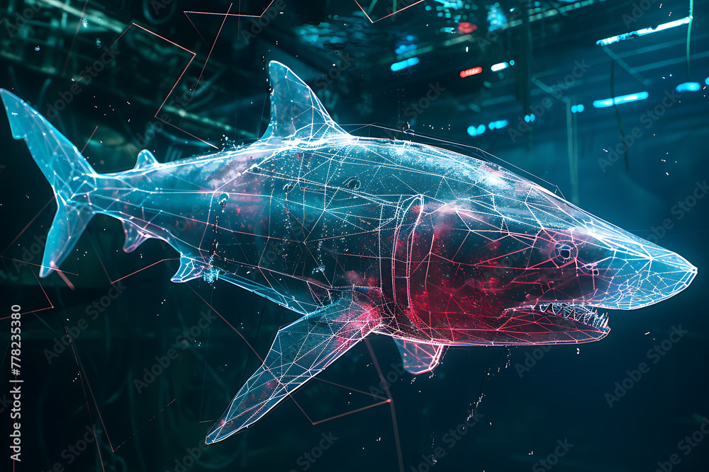 wireframe shark against radiant translucent backdrop, perfect for futuristic designs and underwater concepts.