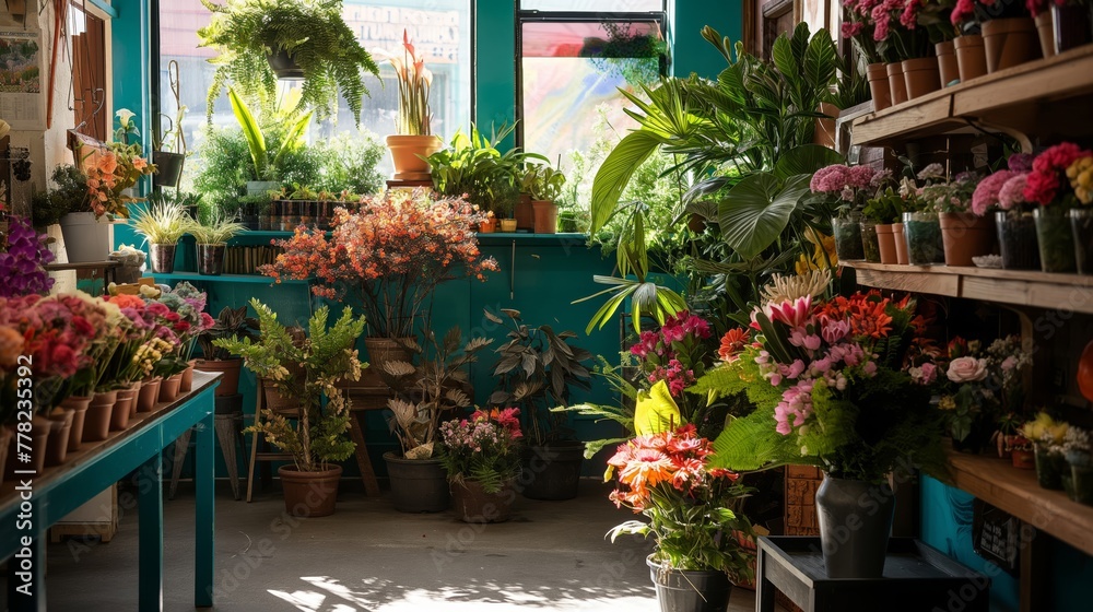 Warm sunlight filters through a quaint flower shop, highlighting an array of vibrant flowers and plants