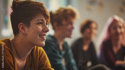 Smiling non-binary individual leading a discussion with a team of diverse and attentive coworkers
