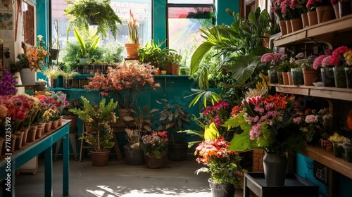 Warm sunlight filters through a quaint flower shop  highlighting an array of vibrant flowers and plants