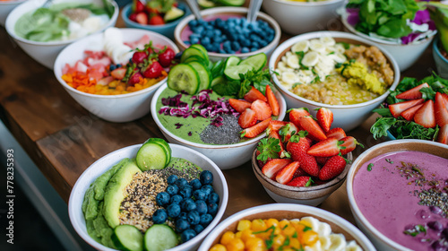 Vibrant image showcasing a variety of fresh smoothie bowls and salads at a trendy juice bar