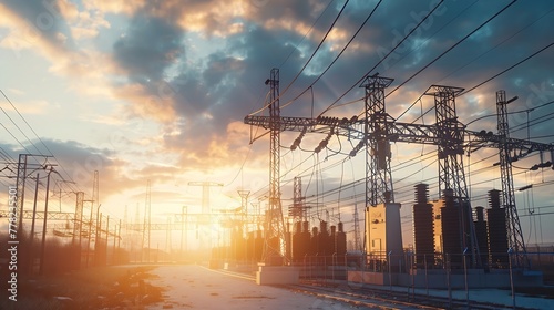 Generative AI : distribution electric substation with power lines and transformers, at sunset