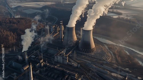 Generative AI : Coal power plant Tusimice in Northern Bohemia, Czech Republic. Aerial view to big source of emissions  photo