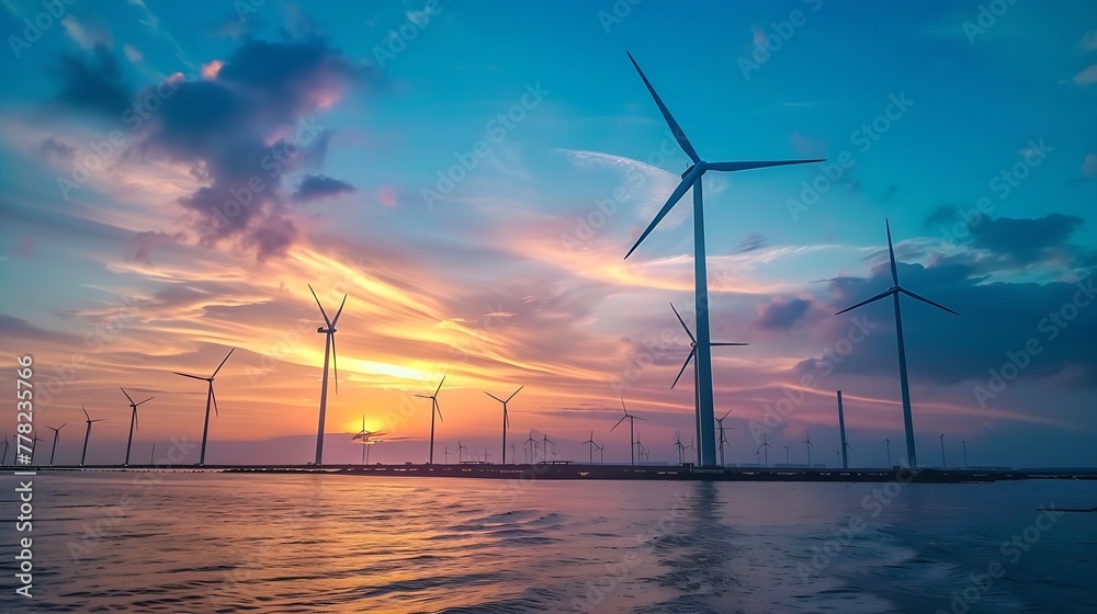 Generative AI : Wind turbines power plant at sunset are alternative electricity, the concept of sustainable resources. 