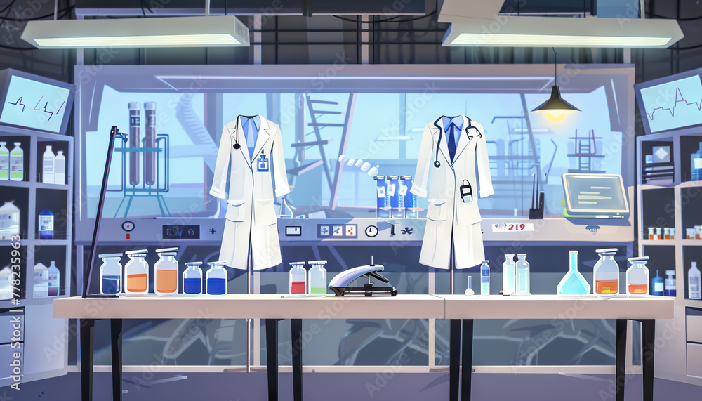 Medical Research Talk Show Set: Set with medical equipment, lab coats, and research tools, and a backdrop featuring medical research facilities and scientific discoveries Medical Research Talk Show Set: Set with medical equipment, lab coats, and research tools, and a backdrop featuring medical research facilities and scientific discoveries