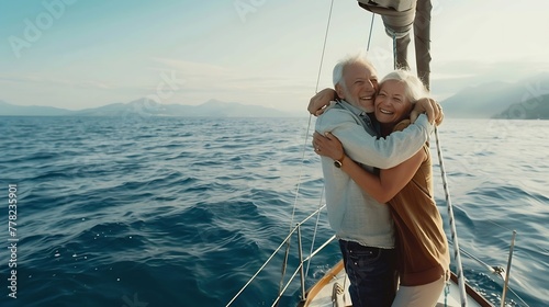 Generative AI : ravel and people concept - happy senior couple hugging on sail boat or yacht deck floating in sea