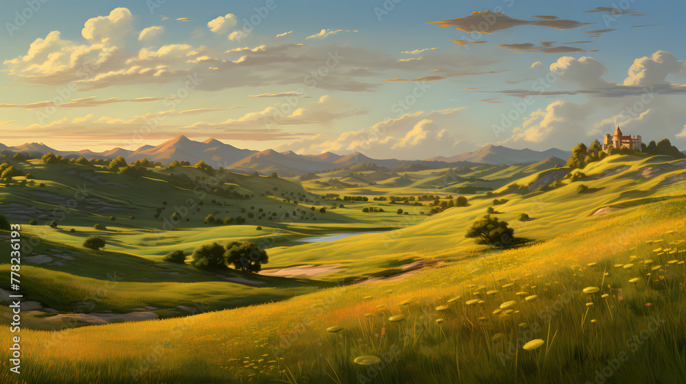 illustration of a natural landscape with a wide grassland with a mountain in the background and a sky full of clouds in the afternoon