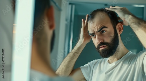 Generative AI : Latino person with beard grooming in bathroom. White metrosexual man worried for hair loss and looking at mirror  photo