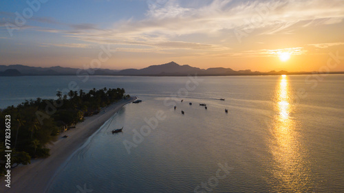 Aerial view of koh Mook or koh Muk island with beautiful sky and sunrise, in Trang, Thailand.
