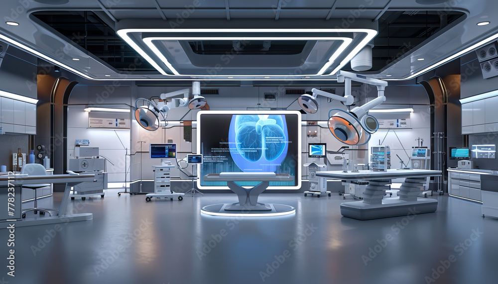 Medical Technology Talk Show Studio: Set with medical technology-themed decor, medical equipment models, and a backdrop featuring medical innovations and healthcare advancements