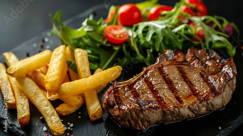 Generative AI : Rib-eye steak with fries accompanied by a salad. Isolated on a black background.  photo