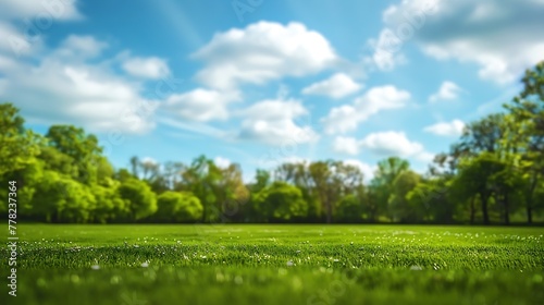 Generative AI : Beautiful blurred background image of spring nature with a neatly trimmed lawn surrounded