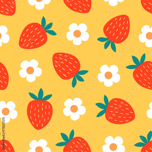 Colorful seamless pattern with strawberries and flowers © Myurenn