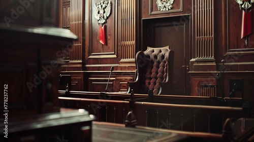 Generative AI : A courtroom in a Russian court, an empty judge's chair photo