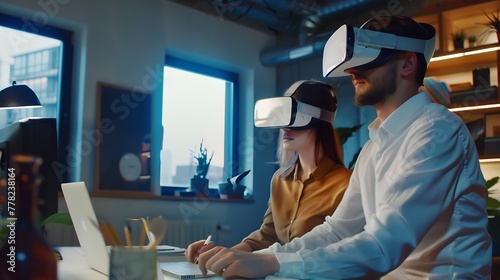 Generative AI : Man and woman with VR virtual reality goggles are working in the office. 