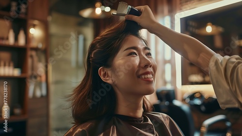 Generative AI : Asian woman with happy expression doing hairdressing at salong photo