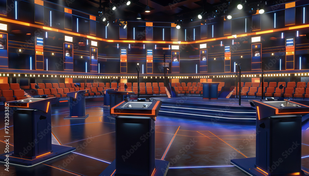 Game Show Set: An elaborate game show set with podiums, buzzers, and a large audience area, ready for contestants to compete - obrazy, fototapety, plakaty 