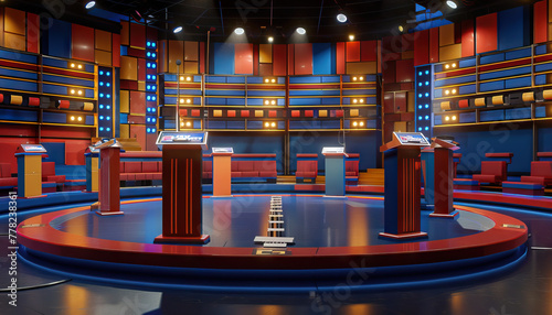 Game Show Set: An elaborate game show set with podiums, buzzers, and a large audience area, ready for contestants to compete photo