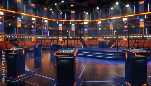 Game Show Set: An elaborate game show set with podiums, buzzers, and a large audience area, ready for contestants to compete photo