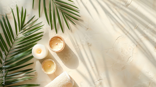 Top photo of marble surface with pleasant and soft light and palm leaves with copy space. Blank for banner in summer style