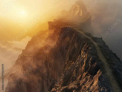 Mountain defile at sunrise, narrow path between towering cliffs, aerial view, dramatic lighting photo