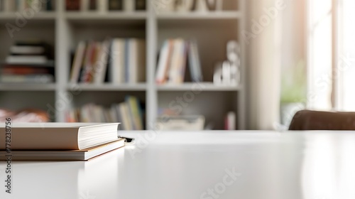 Generative AI : Cropped shot of white table with books, stationery and copy space in blurred study room