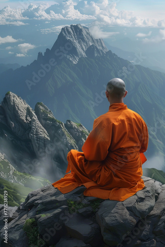 A rear view of a monk meditating at the peak of a mountain