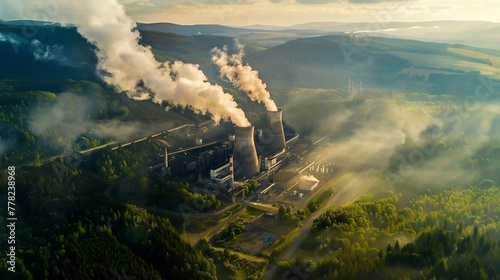 Generative AI : Coal power plant Tusimice in Northern Bohemia, Czech Republic. Aerial view to big source of emissions  photo