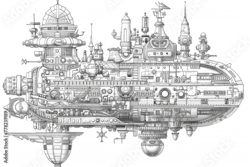 A drawing of a steam powered ship, coloring book for kids. photo